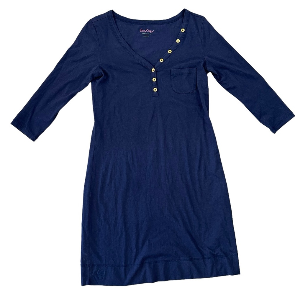 Lily Pulitzer Navy Dress Gold Button Henley 3/4 length sleeves 100% Pina Cotton